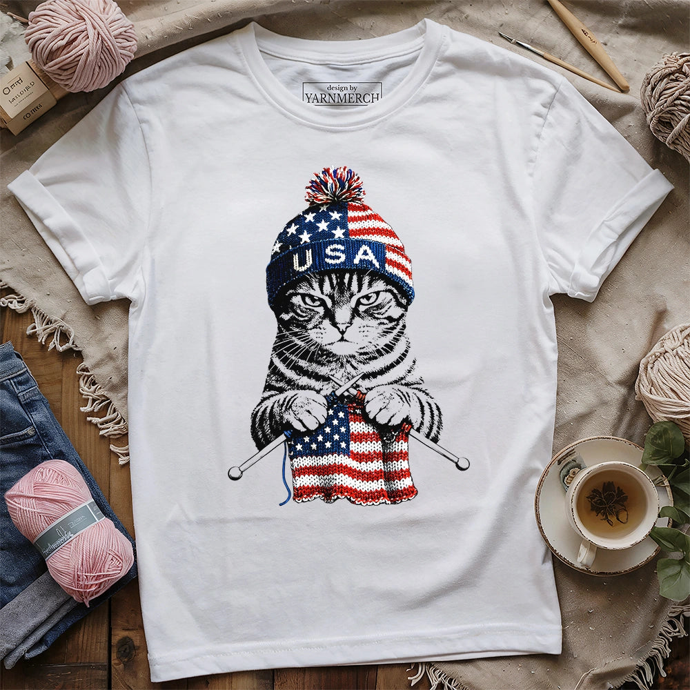 USA Knitting Cat T-shirt