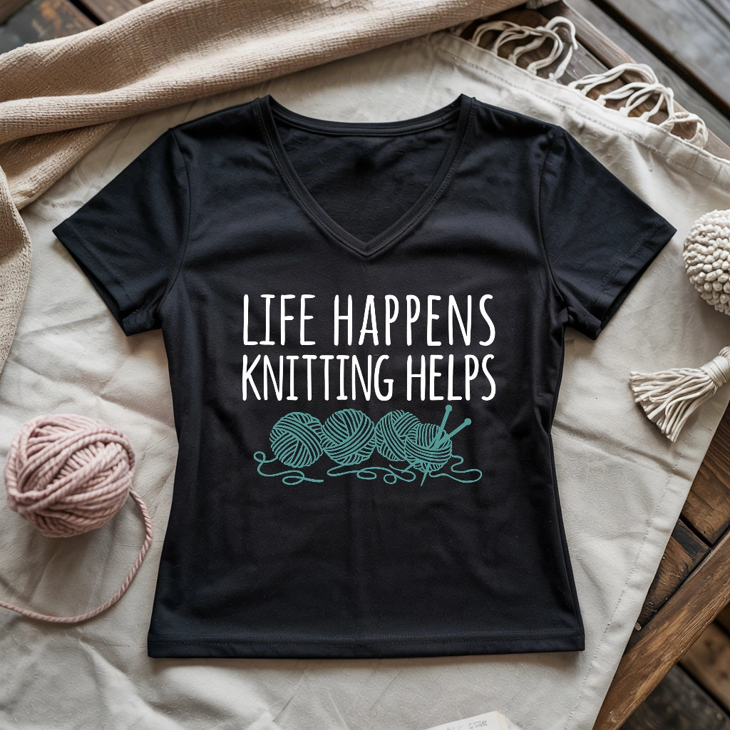 Life Happens Knitting Helps Lady V-neck