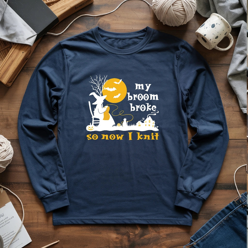 Broom Broke Knitting Witch Long Sleeve T-shirt