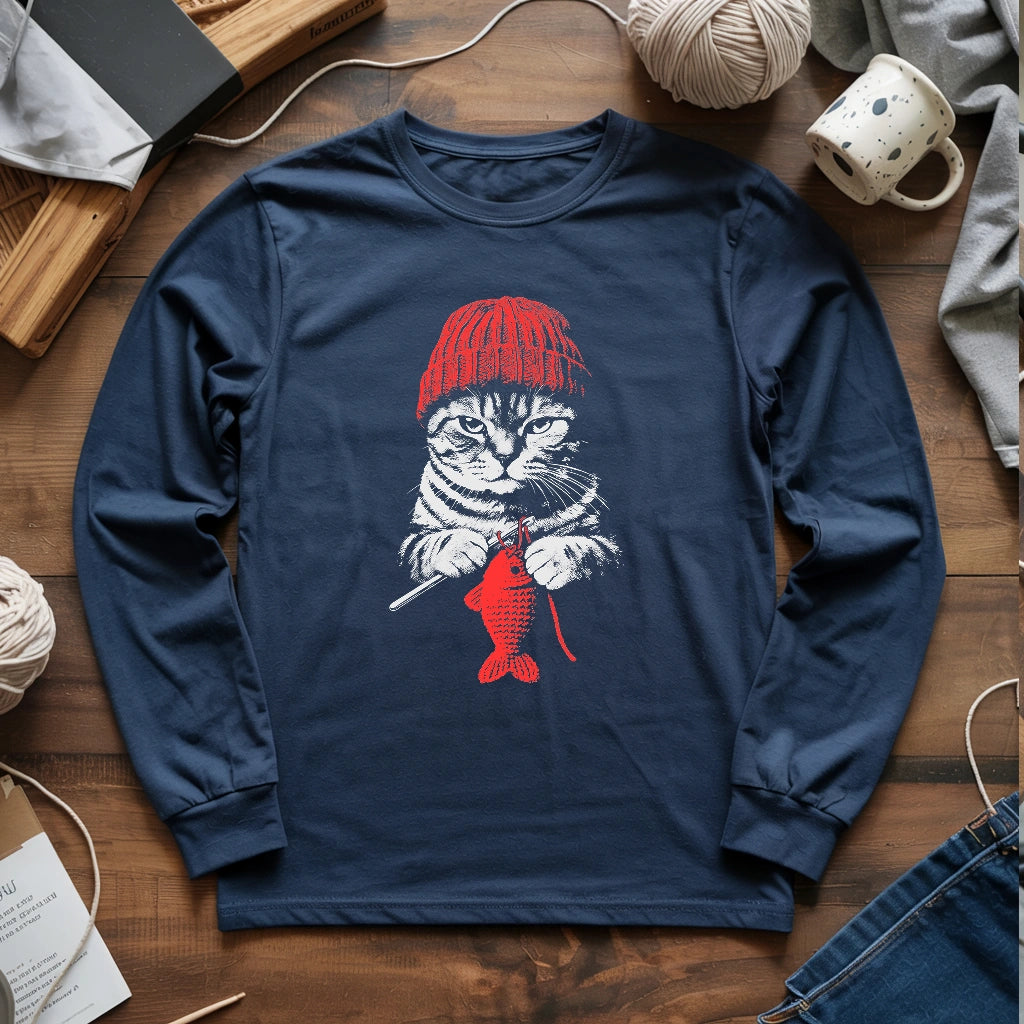 Vintage Crocheting Cat Long Sleeve T-shirt