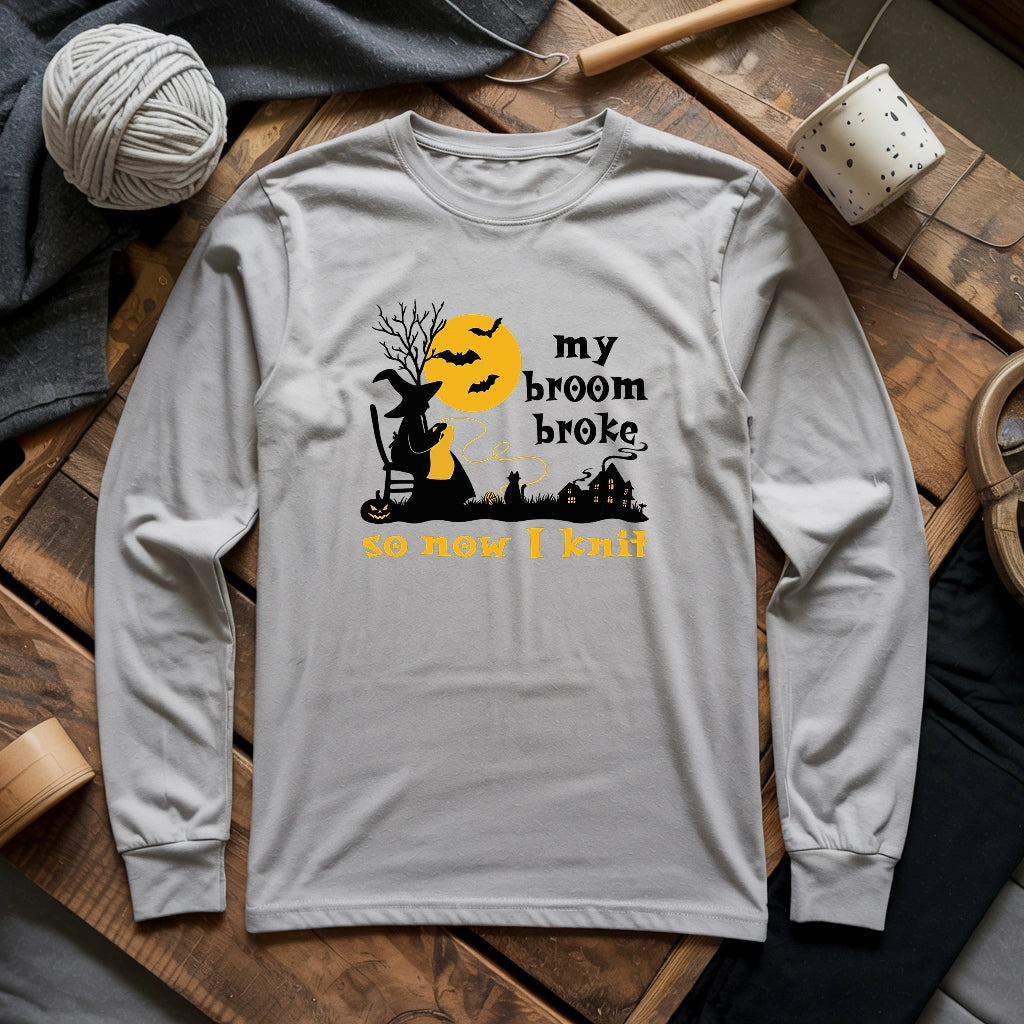Broom Broke Knitting Witch Long Sleeve T-shirt