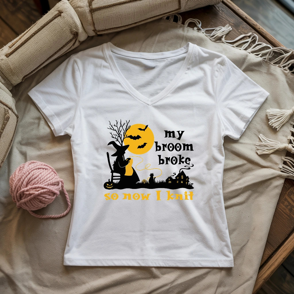 Broom Broke Knitting Witch Lady V-neck