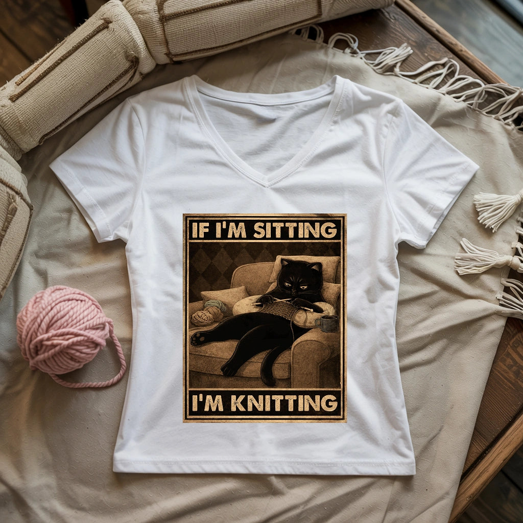 If I'm Sitting, I'm Knitting Lady V-neck