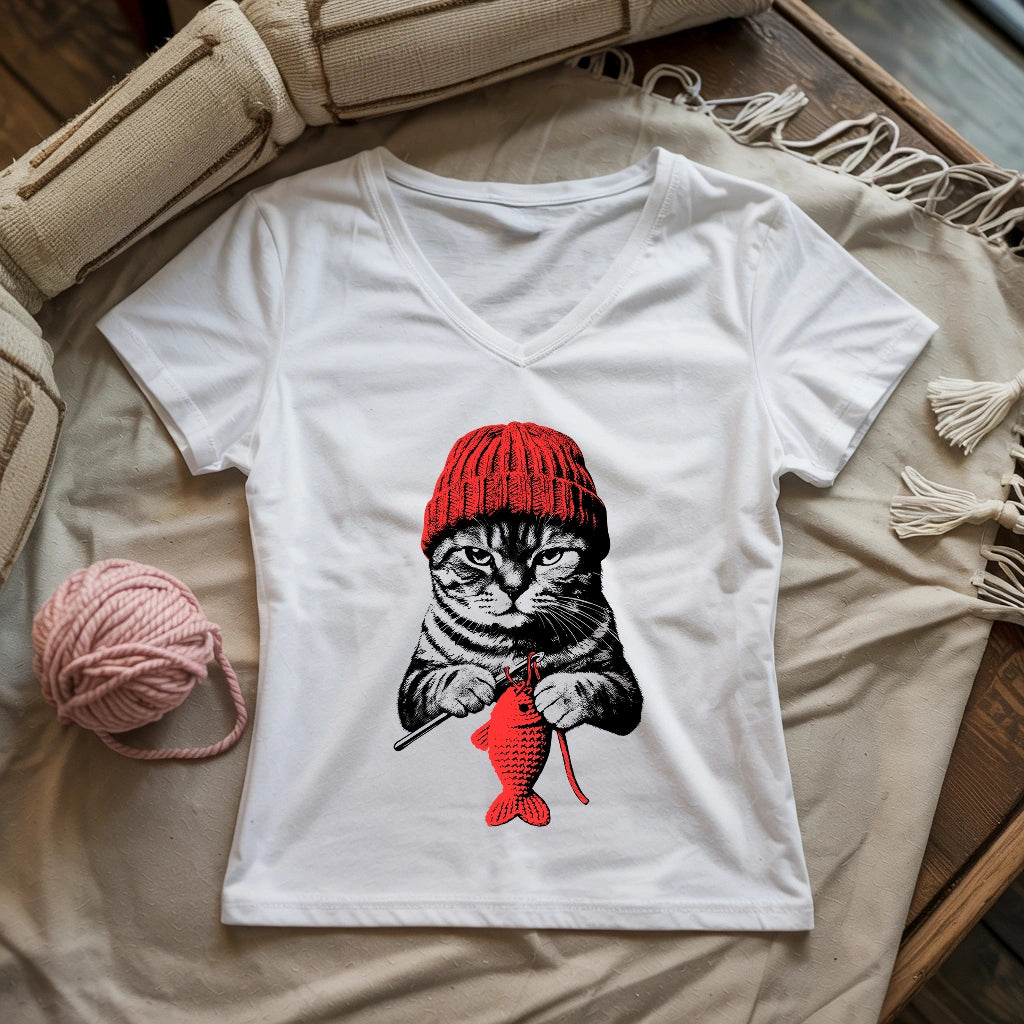 Vintage Crocheting Cat Lady V-neck