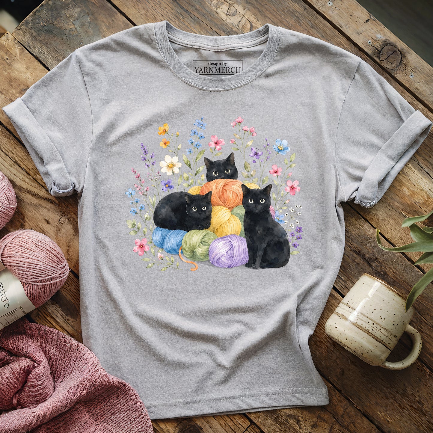 I Like Yarn, Flowers And. Three Cats T-shirt