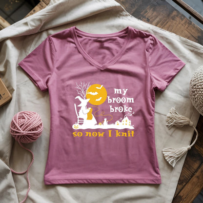 Broom Broke Knitting Witch Lady V-neck