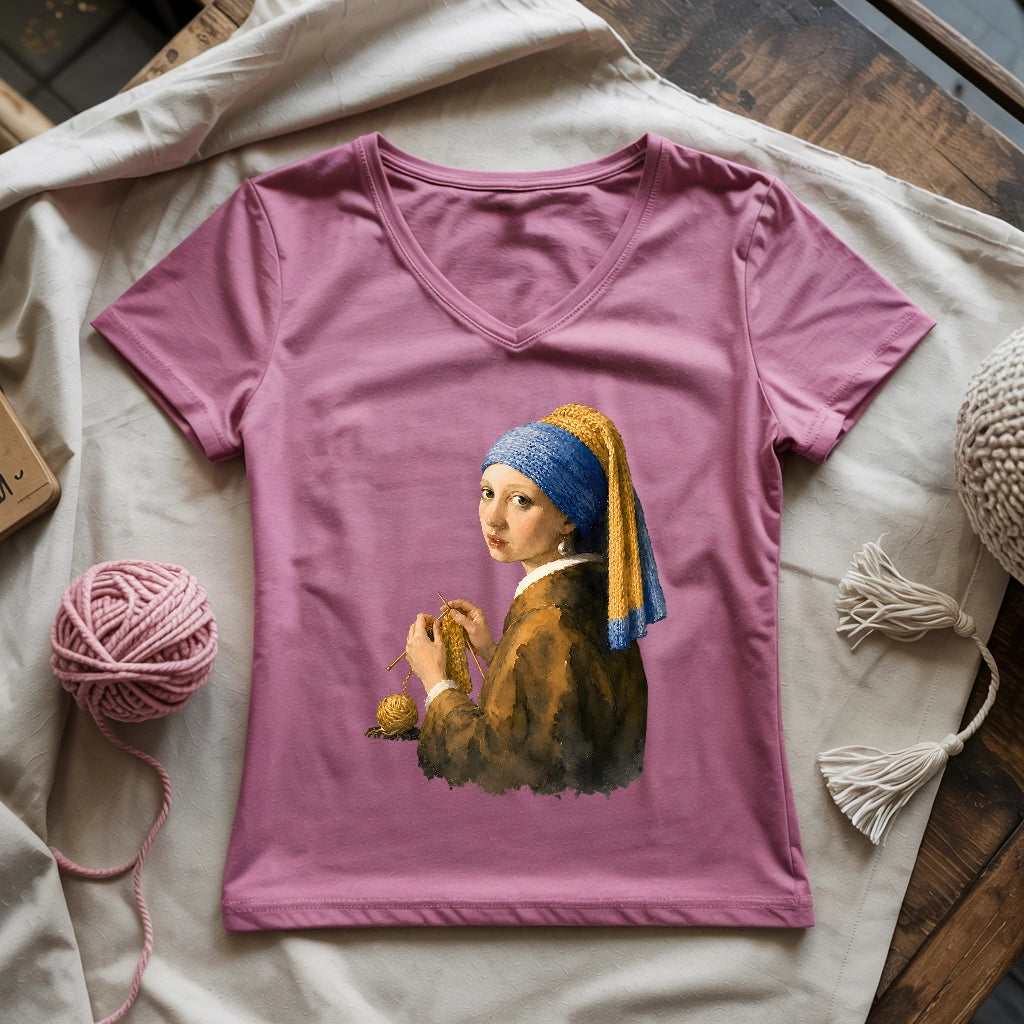 Girl Knitting Lady V-neck