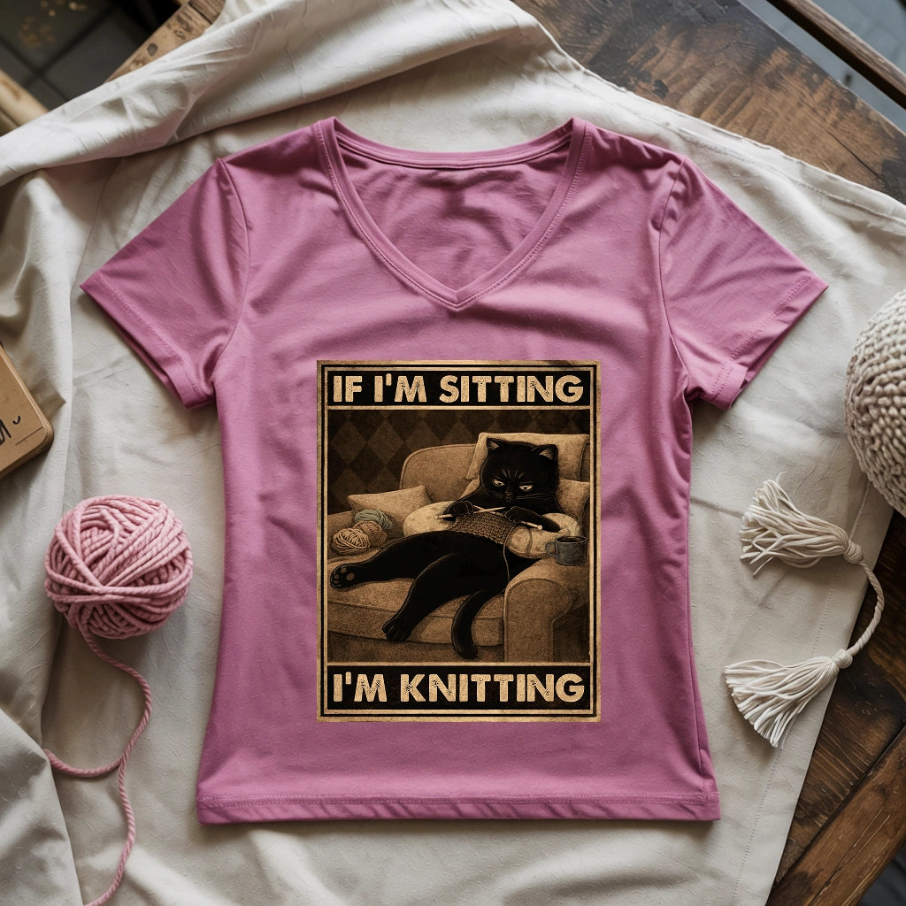 If I'm Sitting, I'm Knitting Lady V-neck