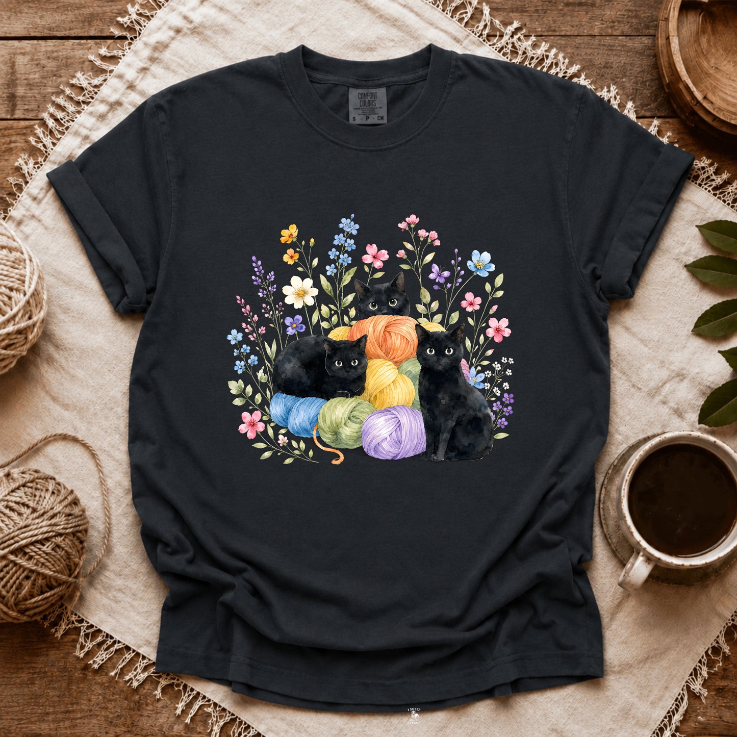 Comfort Colors I Like Yarn, Flowers And Three Cats T-shirt