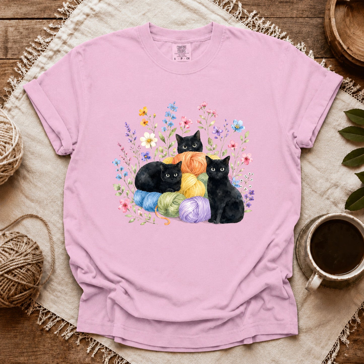 Comfort Colors I Like Yarn, Flowers And Three Cats T-shirt