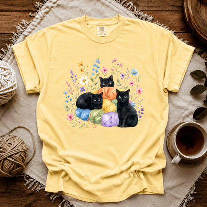 Comfort Colors I Like Yarn, Flowers And Three Cats T-shirt