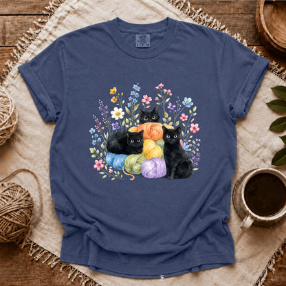 Comfort Colors I Like Yarn, Flowers And Three Cats T-shirt