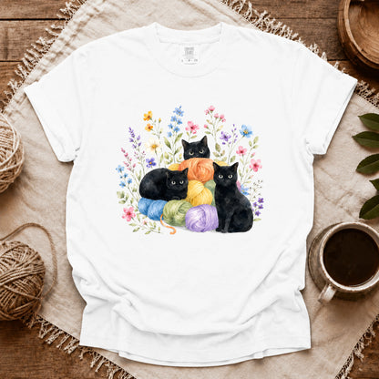 Comfort Colors I Like Yarn, Flowers And Three Cats T-shirt