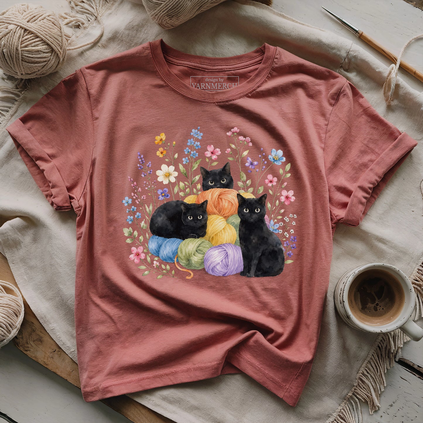 I Like Yarn, Flowers And. Three Cats T-shirt