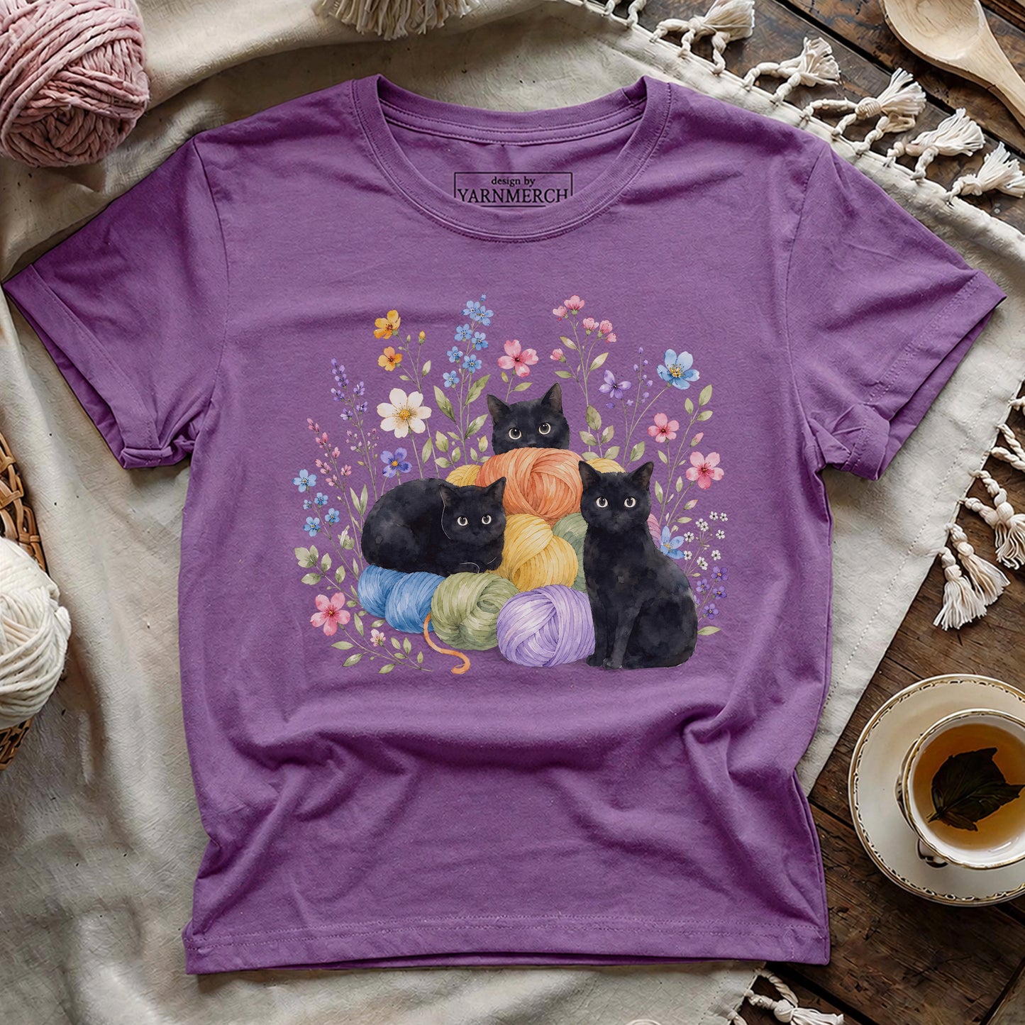 I Like Yarn, Flowers And. Three Cats T-shirt