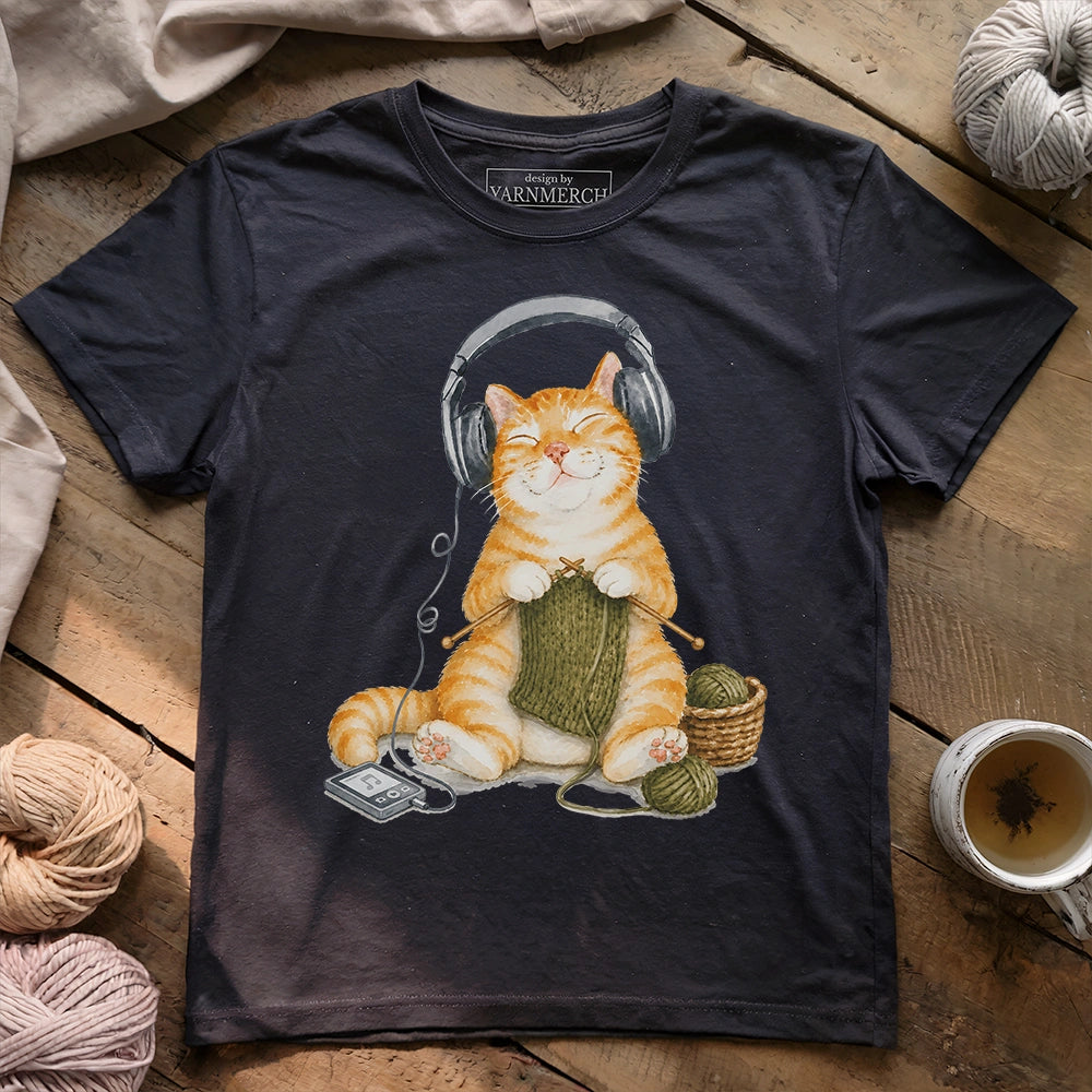 Knitting Headphone Cat T-shirt