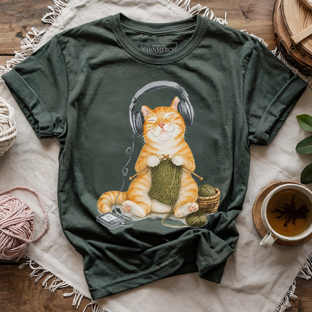 Knitting Headphone Cat T-shirt