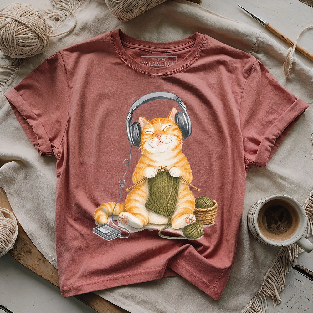 Knitting Headphone Cat T-shirt