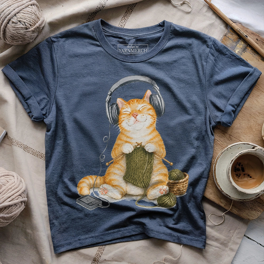 Knitting Headphone Cat T-shirt