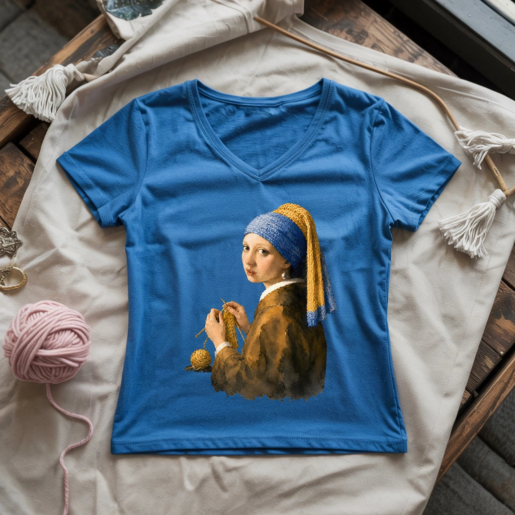 Girl Knitting Lady V-neck