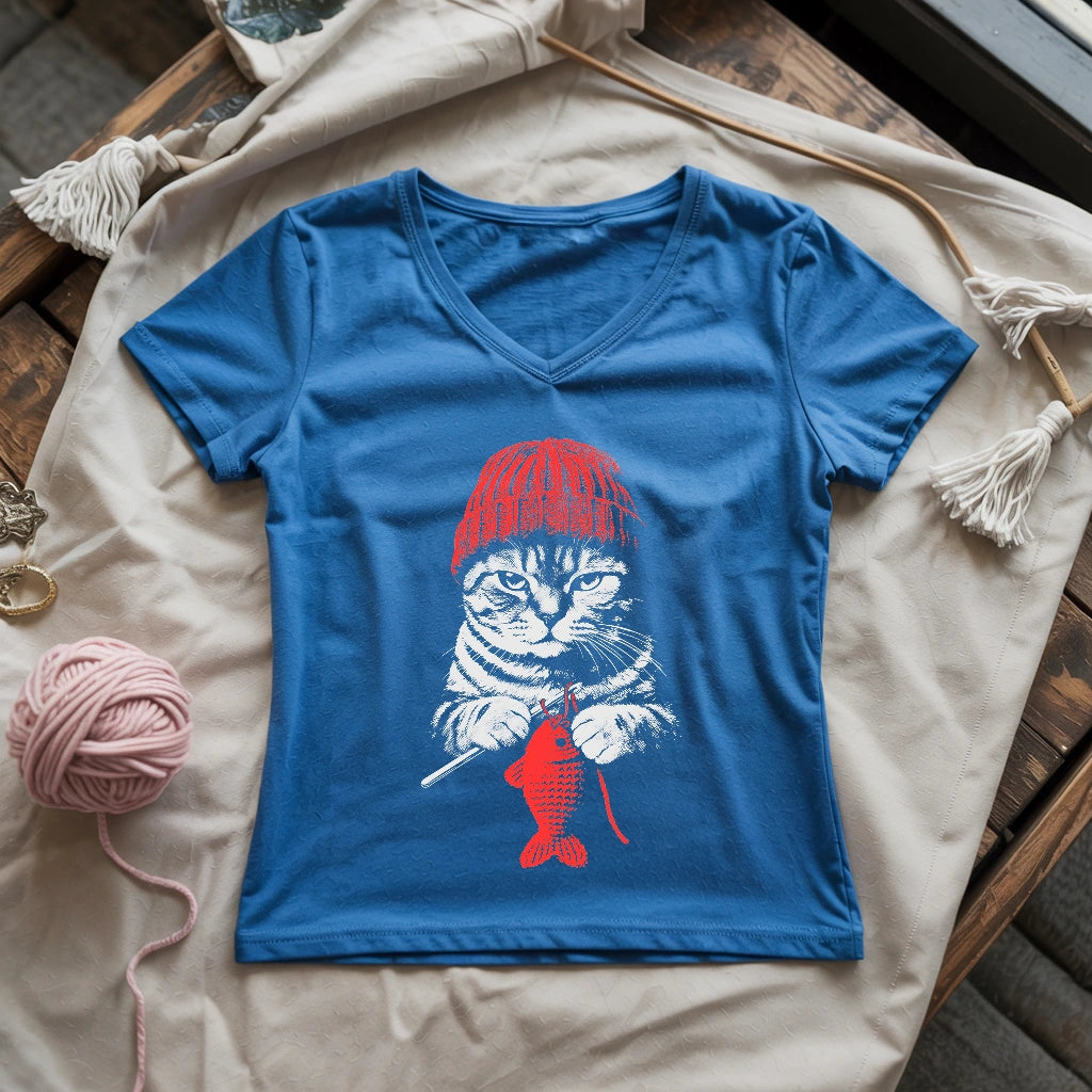 Vintage Crocheting Cat Lady V-neck