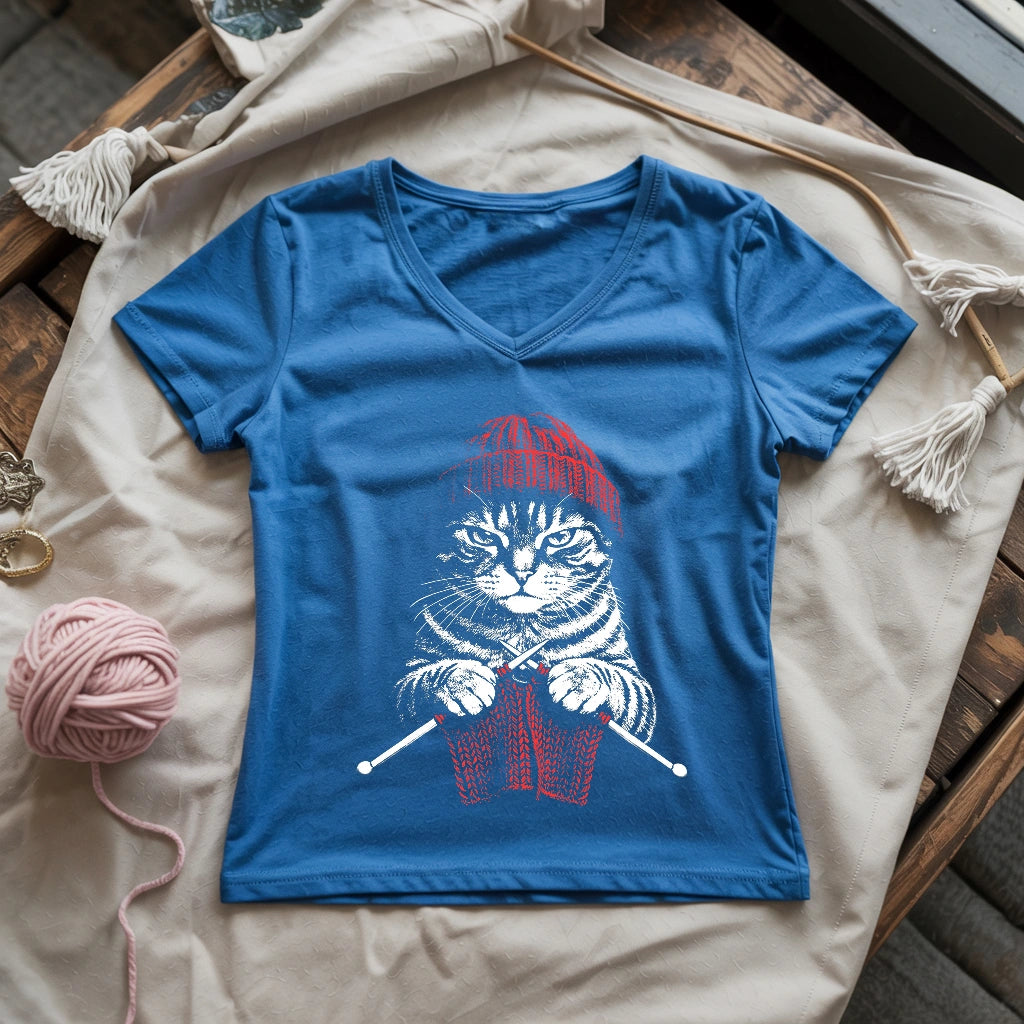 Vintage Knitting Cat Lady V-neck