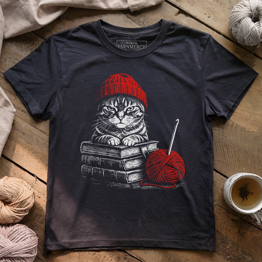 Vintage Cat, Book & Crocheting T-shirt