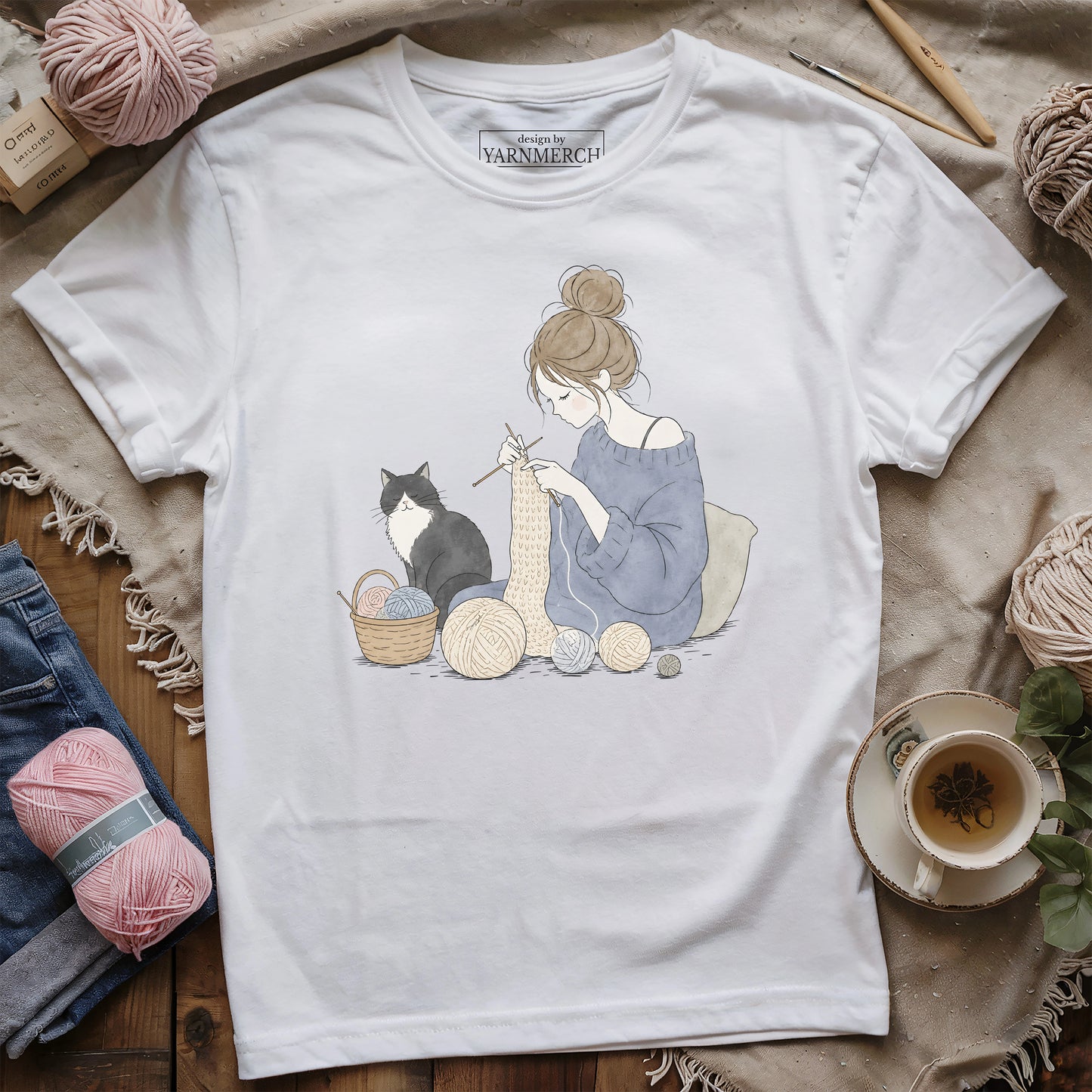 Knitting Lady And Cat T-shirt