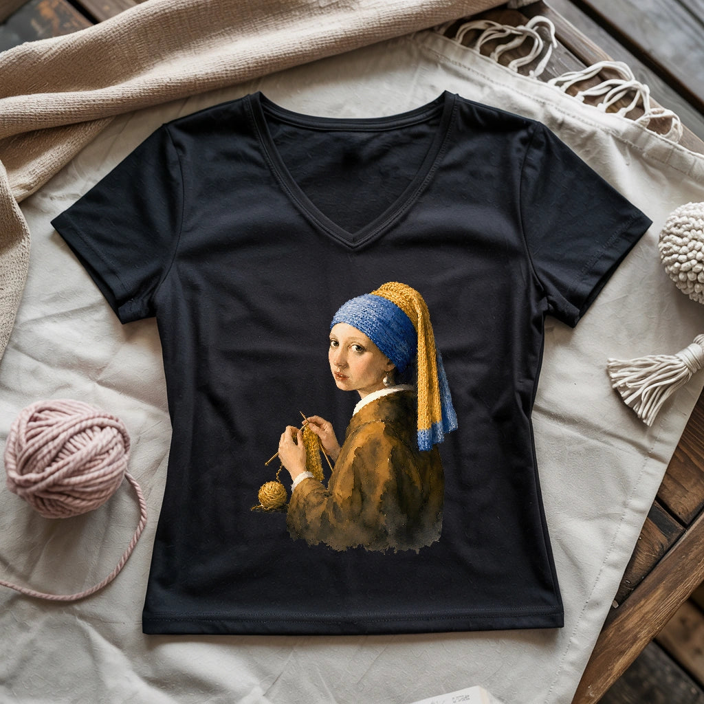 Girl Knitting Lady V-neck