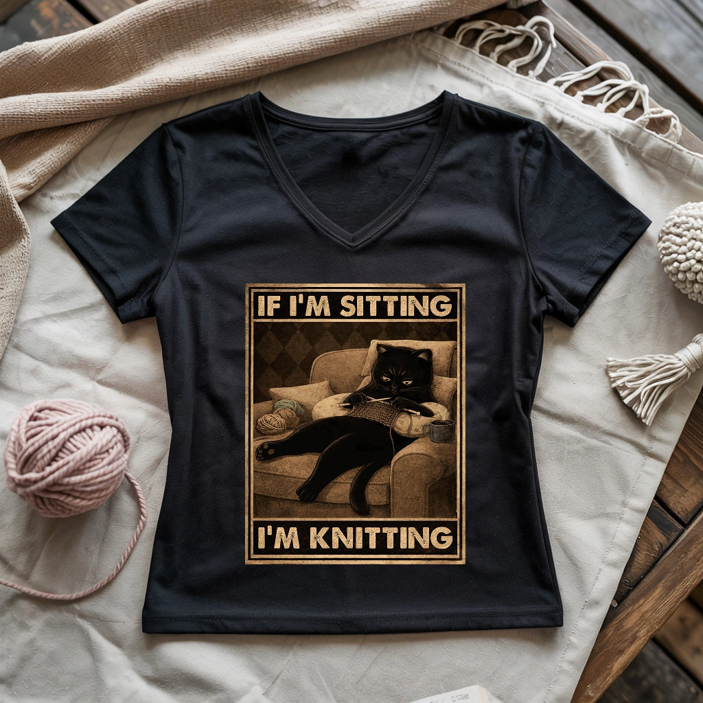 If I'm Sitting, I'm Knitting Lady V-neck