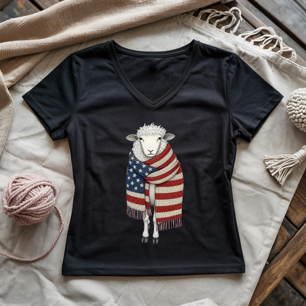 Patriotic Knitting Sheep Lady V-neck