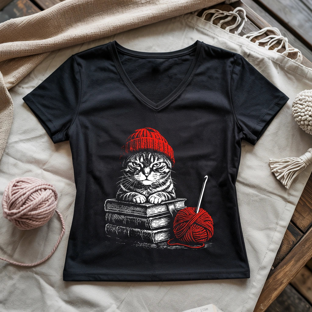 Vintage Cat, Book & Crocheting Lady V-neck