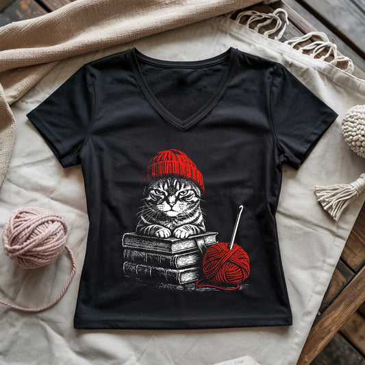Vintage Cat, Book & Crocheting Lady V-neck
