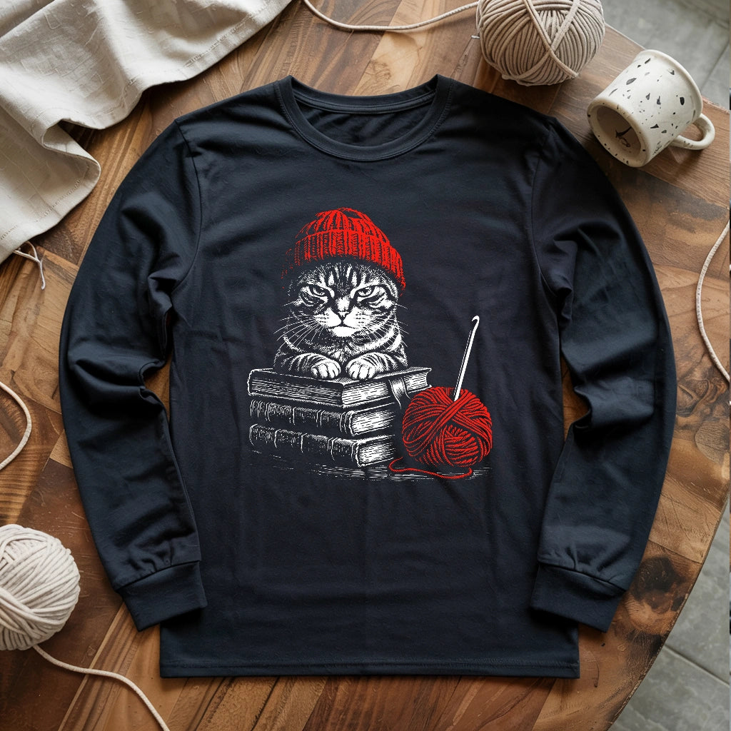 Vintage Cat, Book & Crocheting Long Sleeve T-shirt