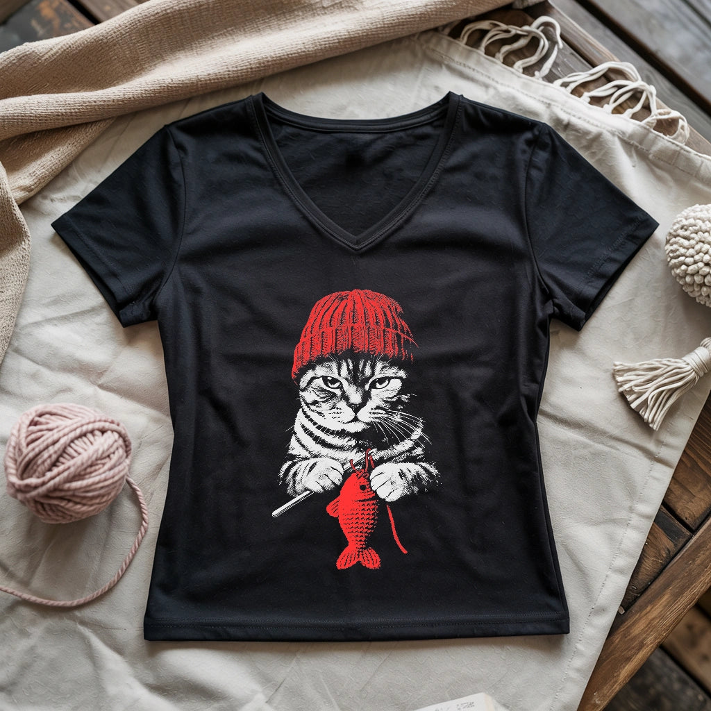 Vintage Crocheting Cat Lady V-neck