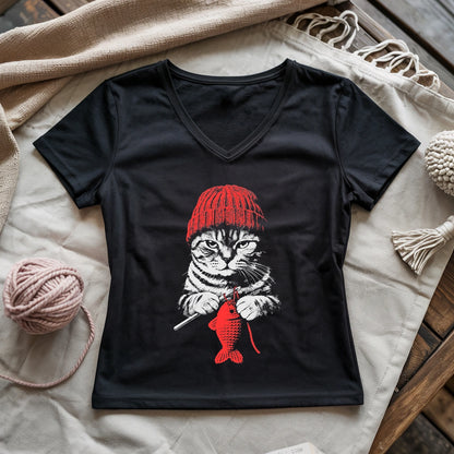 Vintage Crocheting Cat Lady V-neck