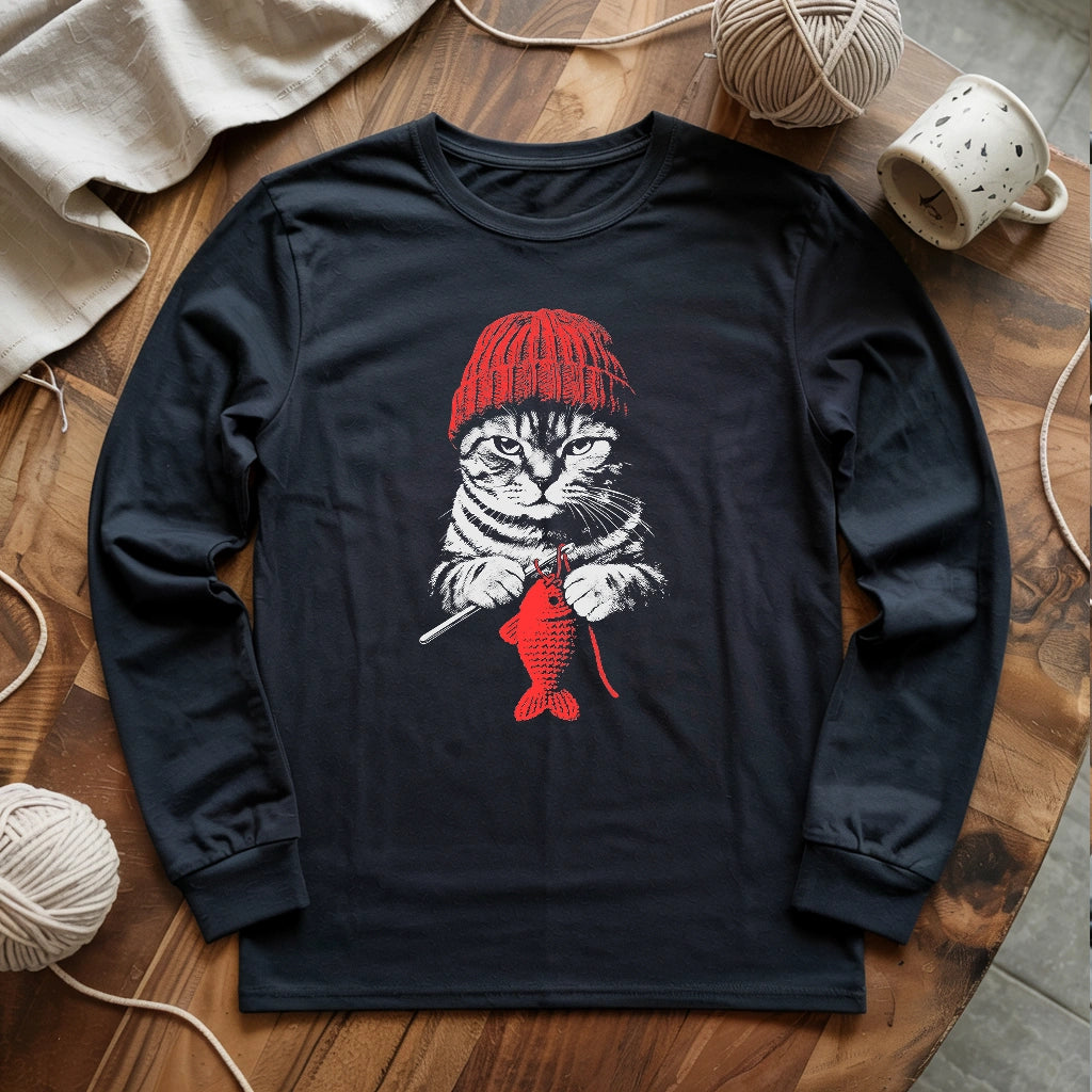 Vintage Crocheting Cat Long Sleeve T-shirt