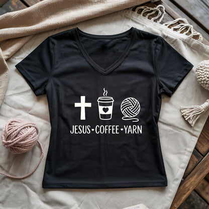 Jesus, Coffee and Yarn Lady V-neck