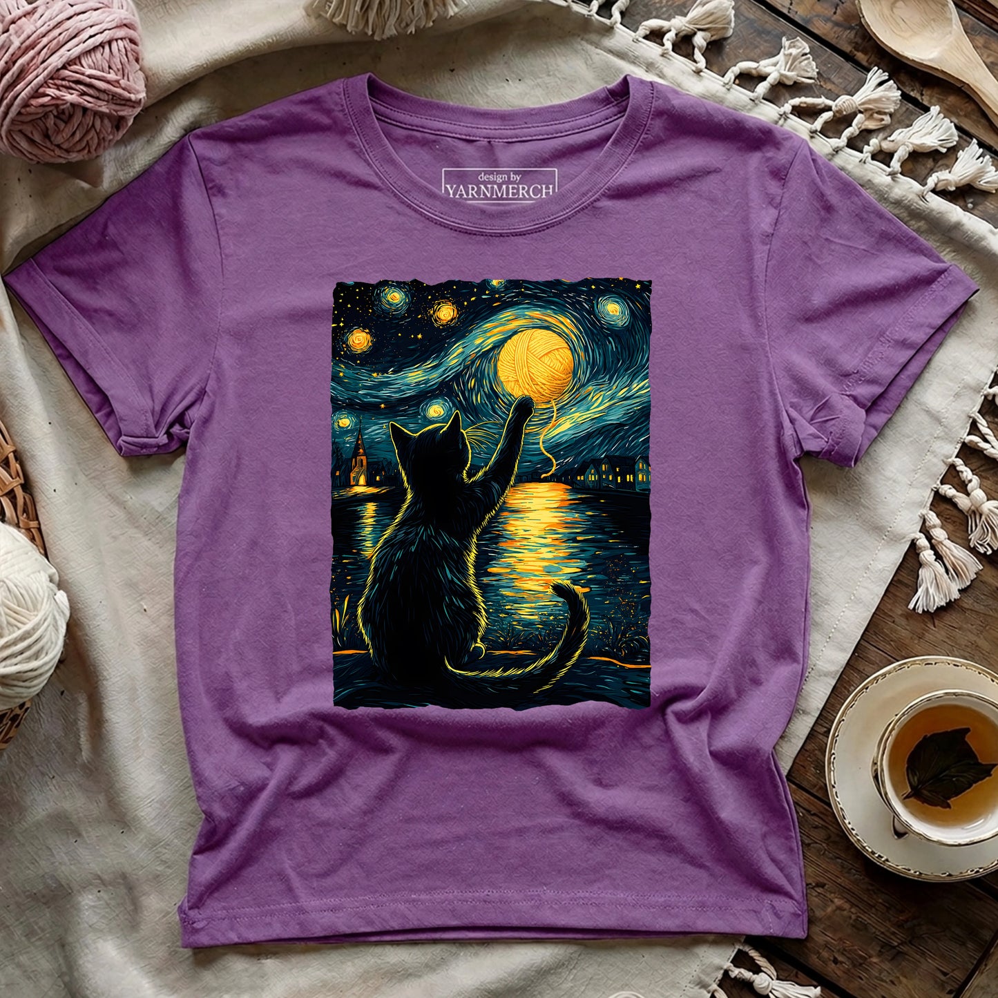 Starry Night Yarn Cat T-shirt