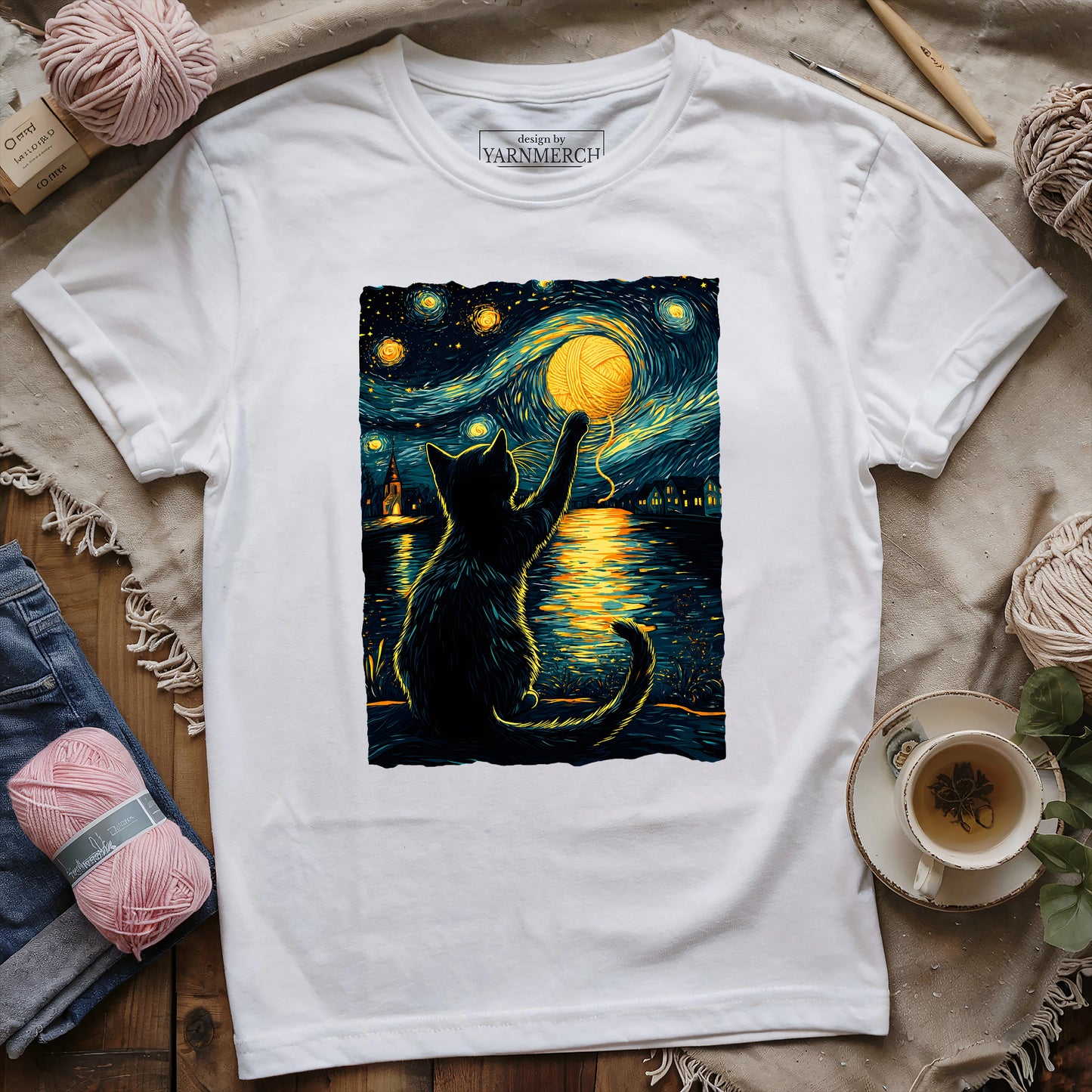 Starry Night Yarn Cat T-shirt