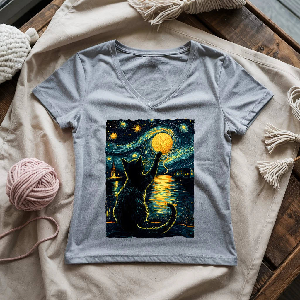 Starry Night Yarn Cat Lady V-neck