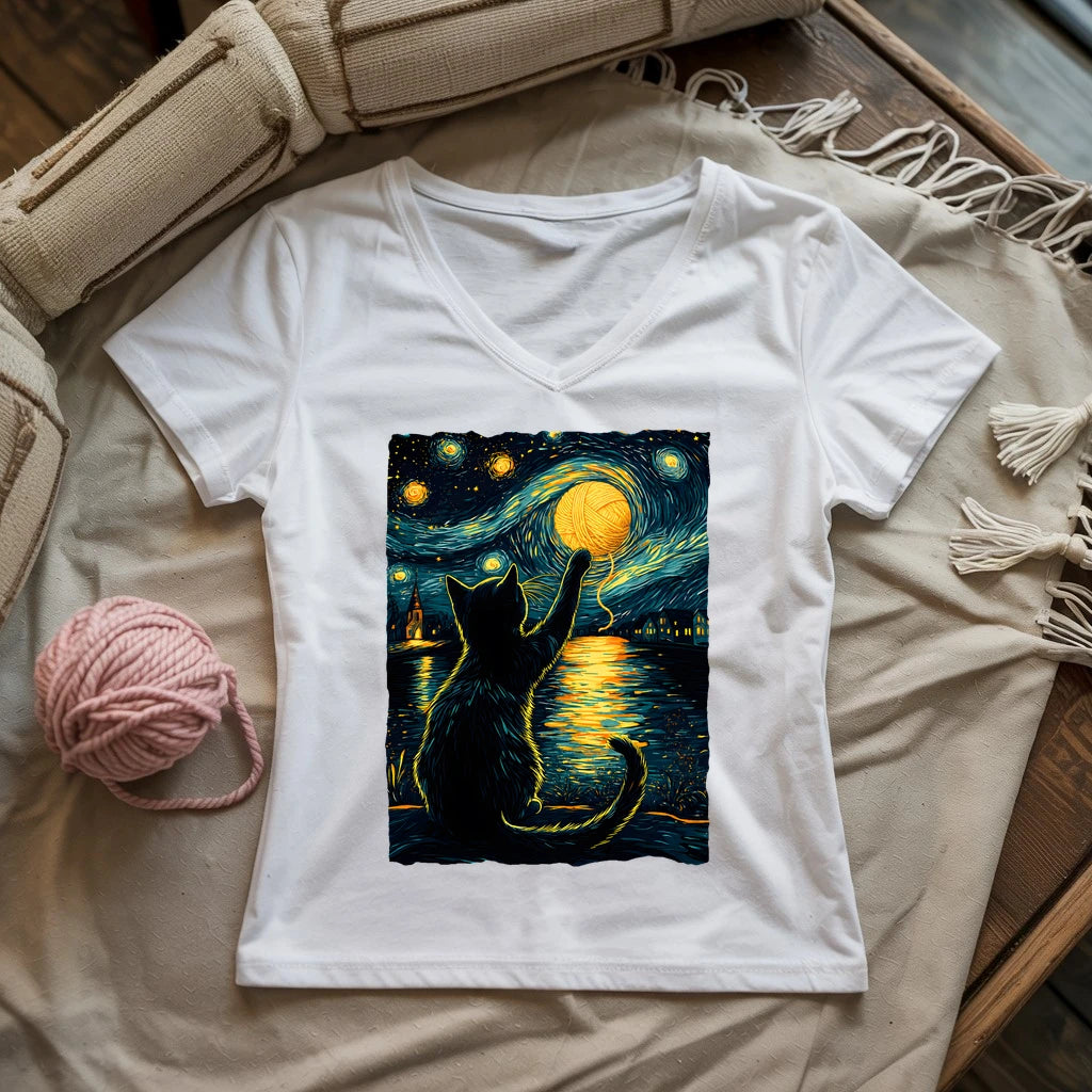 Starry Night Yarn Cat Lady V-neck
