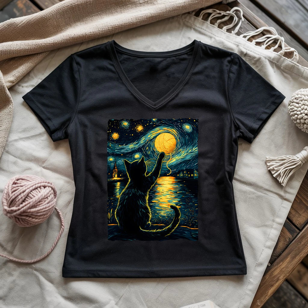 Starry Night Yarn Cat Lady V-neck