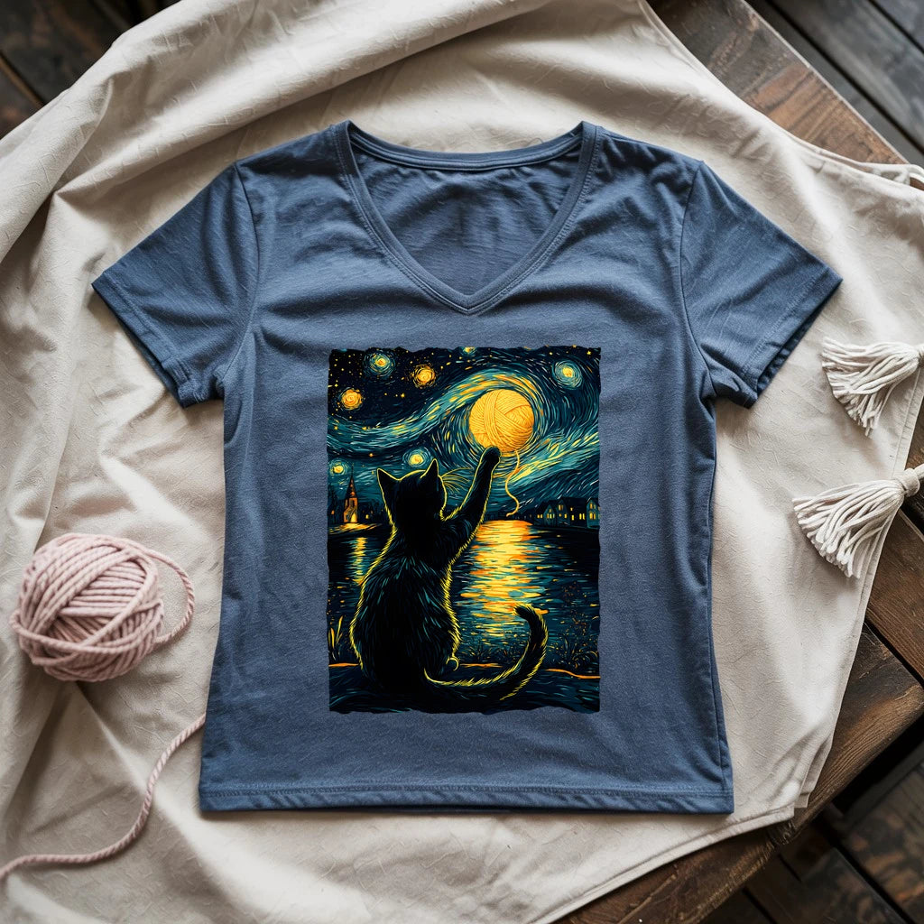 Starry Night Yarn Cat Lady V-neck