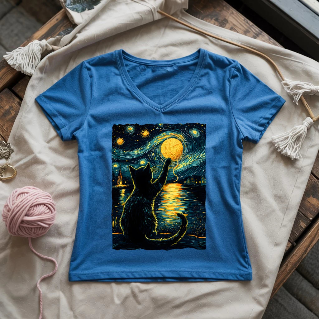 Starry Night Yarn Cat Lady V-neck