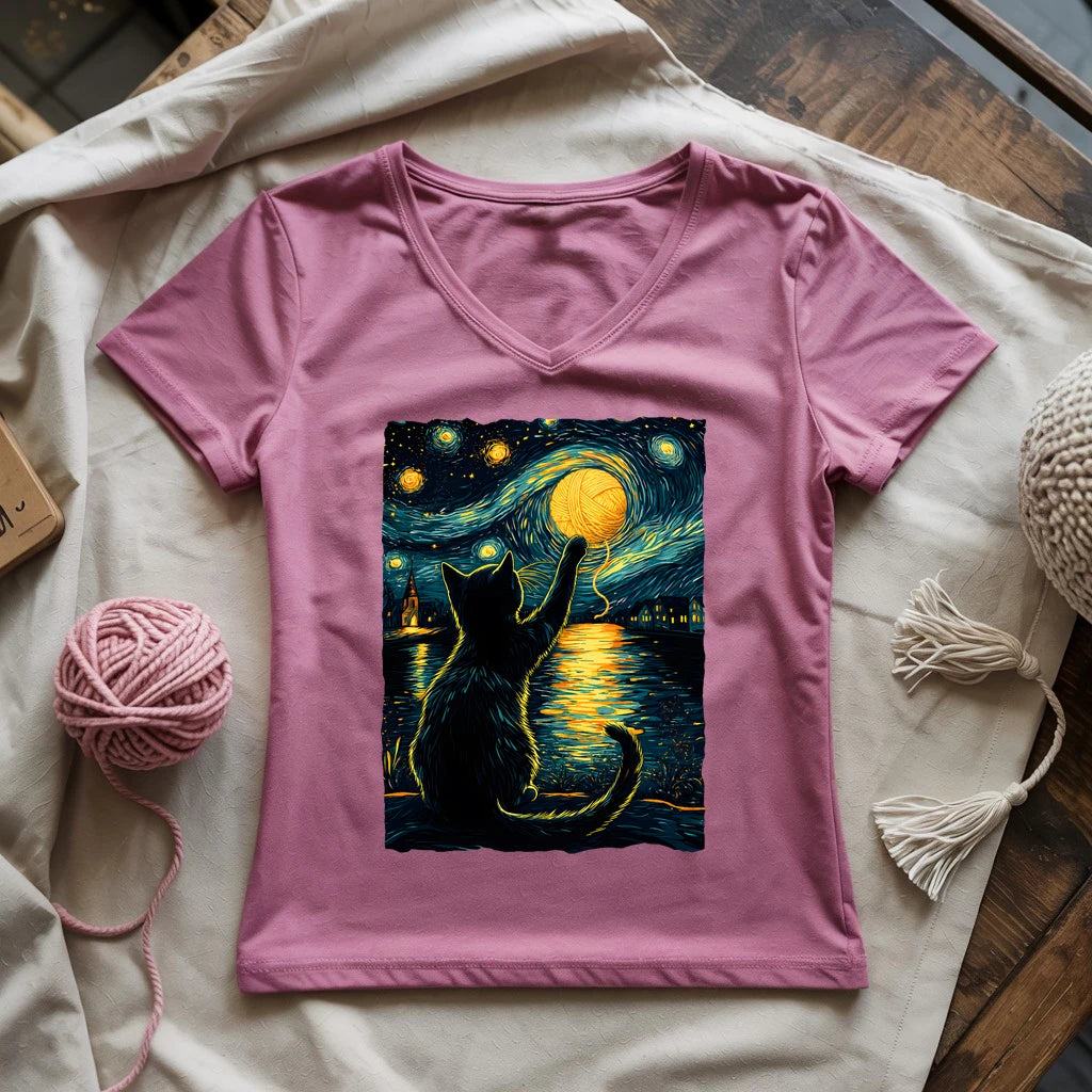 Starry Night Yarn Cat Lady V-neck