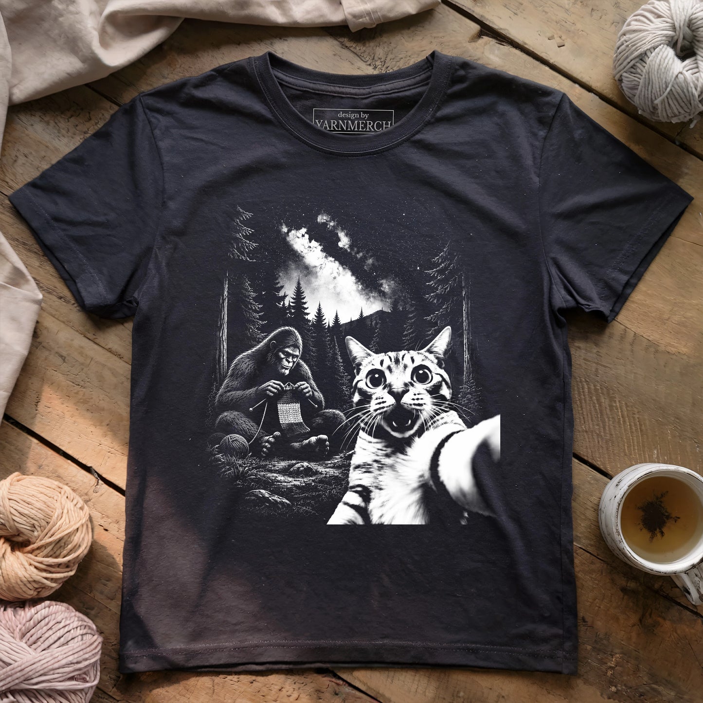 Cat Selfie Meets Knitting Bigfoot T-shirt