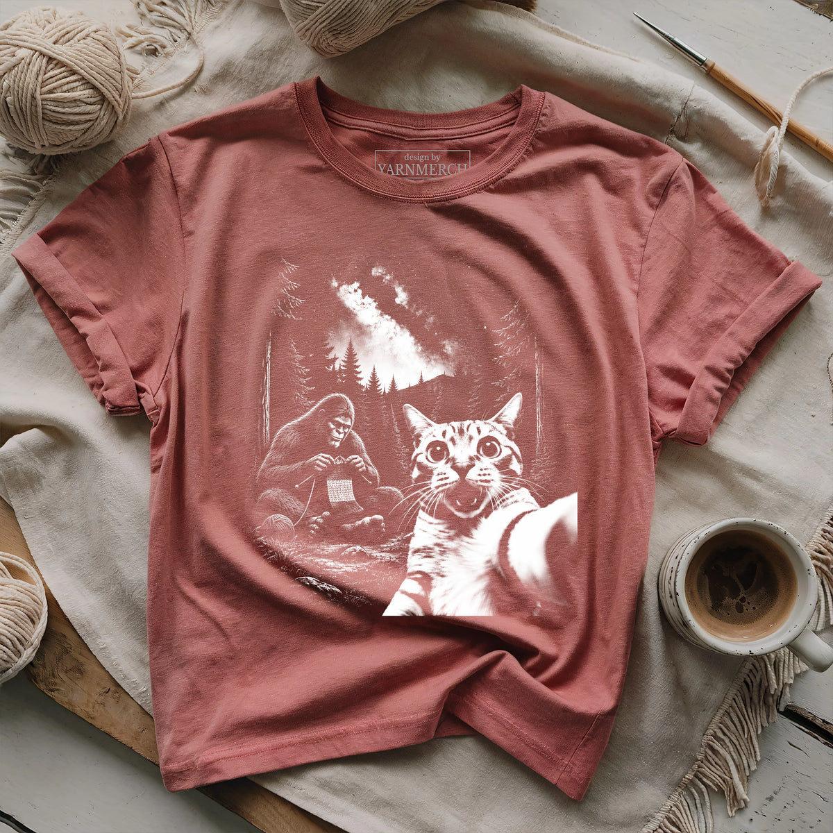 Cat Selfie Meets Knitting Bigfoot T-shirt