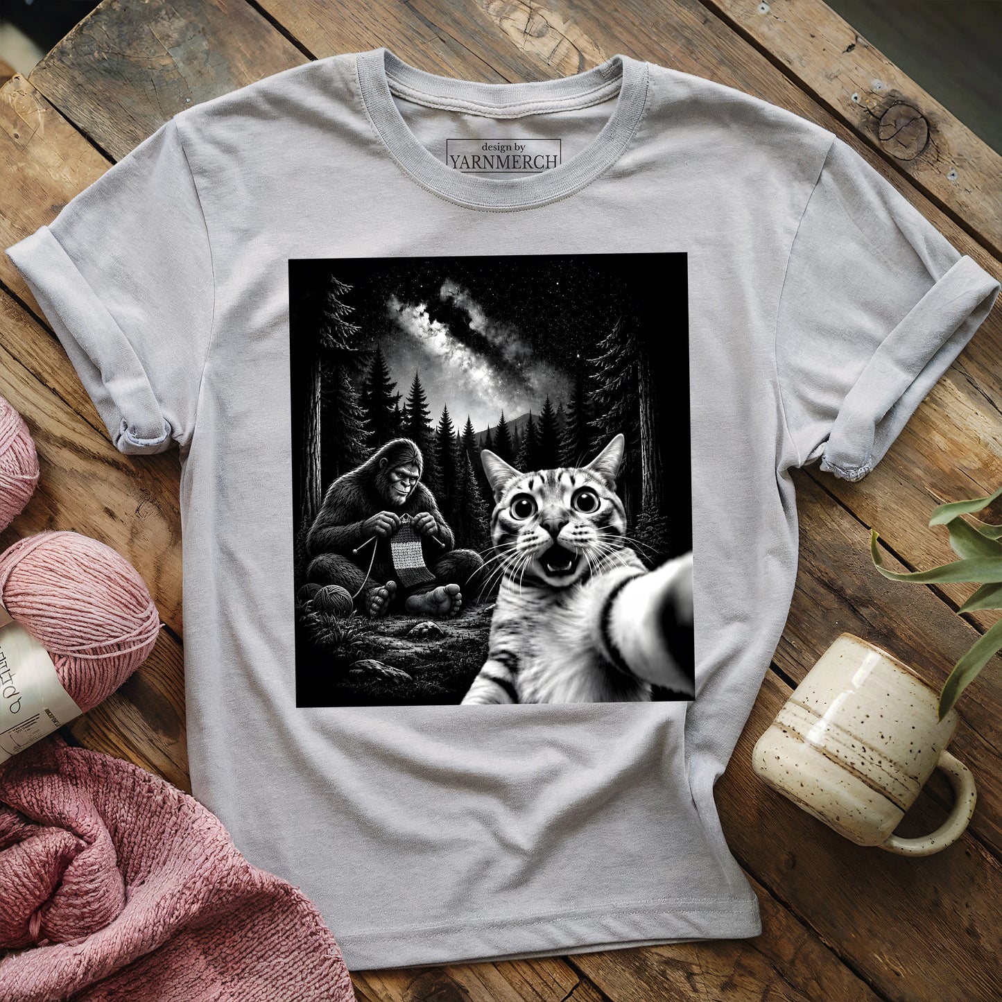 Cat Selfie Meets Knitting Bigfoot T-shirt