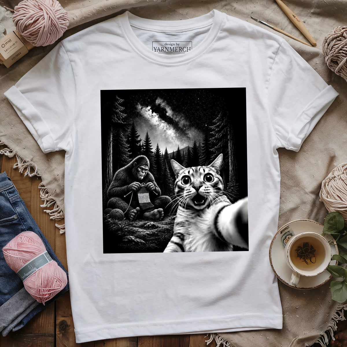 Cat Selfie Meets Knitting Bigfoot T-shirt